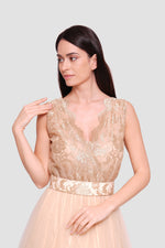 Load image into Gallery viewer, Jasmine Gold Tulle And Lace Open Back Sleeveless Maxi Dress