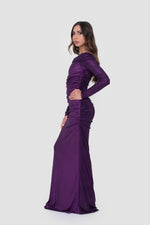 Load image into Gallery viewer, Lele Purple Off-Shoulder Ruched Metallic Maxi Dress