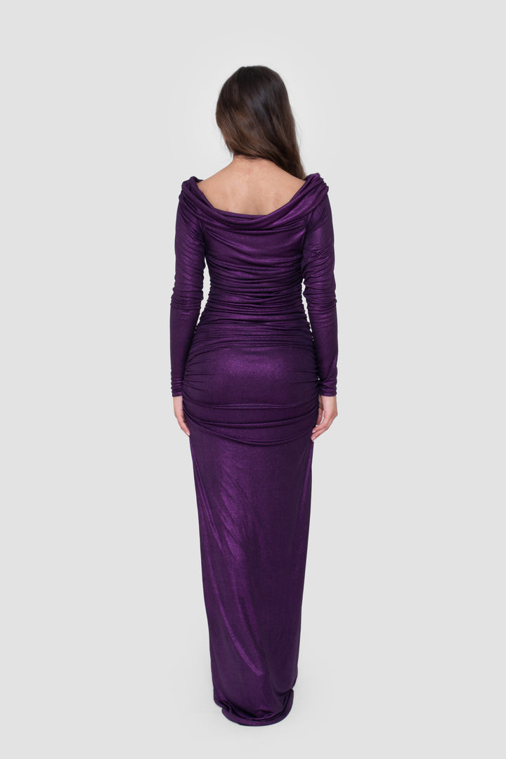 Lele Purple Off-Shoulder Ruched Metallic Maxi Dress