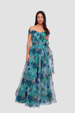 Load image into Gallery viewer, Irina Teal Blue With Multicolored Floral Patterns Organza Sweetheart Neckline Maxi Dress