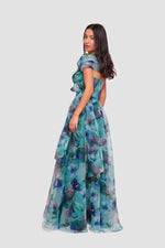Load image into Gallery viewer, Irina Teal Blue With Multicolored Floral Patterns Organza Sweetheart Neckline Maxi Dress