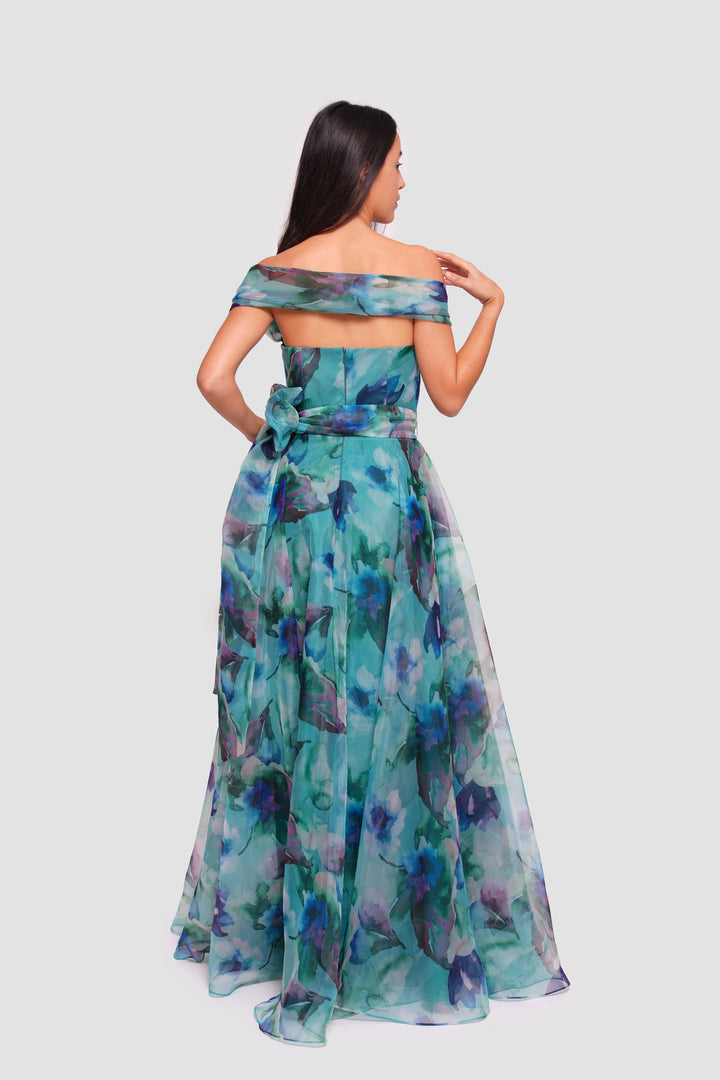 Irina Teal Blue With Multicolored Floral Patterns Organza Sweetheart Neckline Maxi Dress