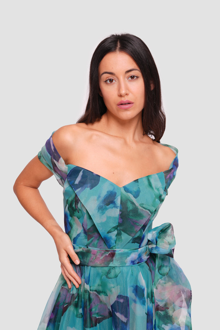 Irina Teal Blue With Multicolored Floral Patterns Organza Sweetheart Neckline Maxi Dress