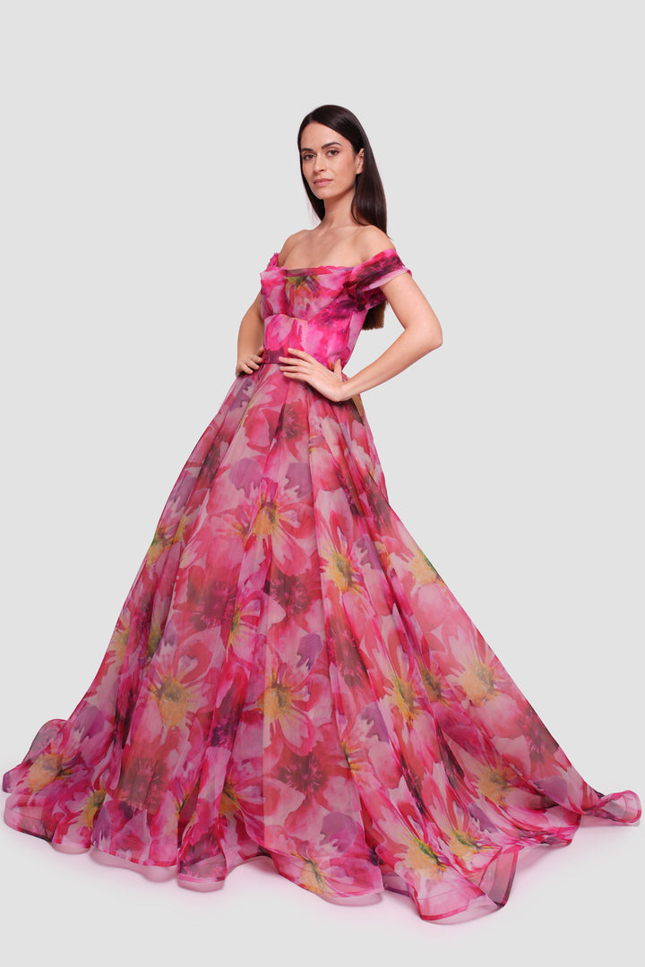 Amanda  Pink With Multicolored Floral Patterns Organza Off-shoulder Gown