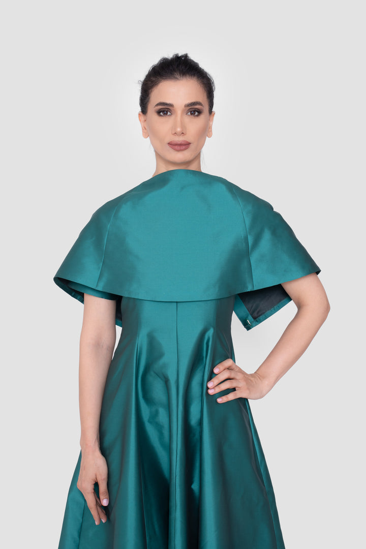 Kate Satin Emerald Green Midi Dress With Detachable Cape