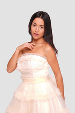 Load image into Gallery viewer, Mira Light Champagne Gold Tulle With Glitter Corset Midi Dress
